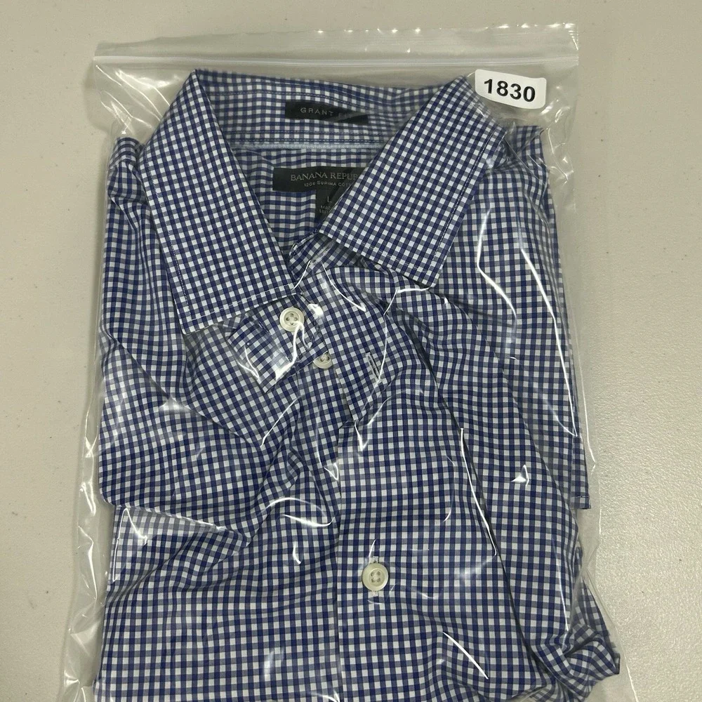 Banana Republc Shirt Men Large Grant Fit Long Sleeve Supima Cotton Check‎ Blue